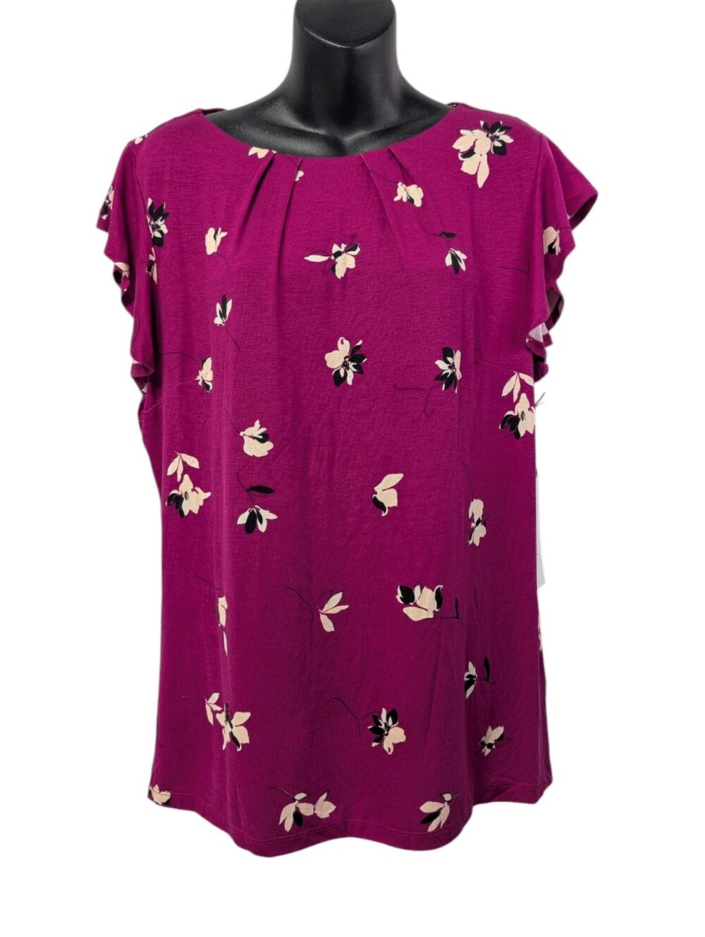Liz Claiborne Womens Magenta Floral Flutter Sleeve Pleated Top Blouse Size L NWT